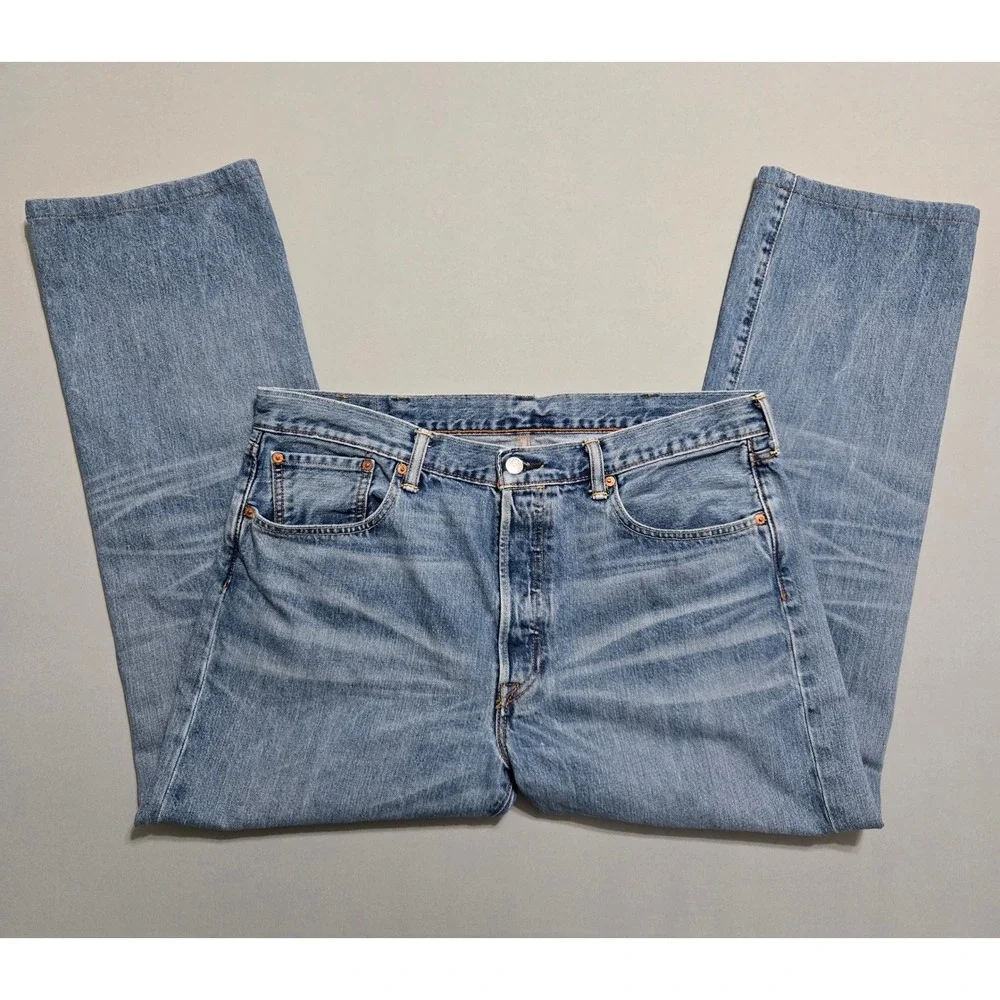 Levi's 501 Original Fit Jeans Mens 38x34 Blue Medium Button Fly Straight Whisker